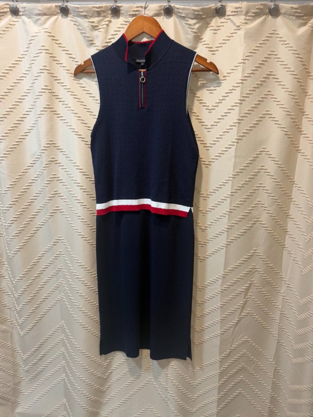 Leo & Ugo Dress Knit Navy Blue Red White Layered Mock Neck Zip France Summer - Picture 2 of 12